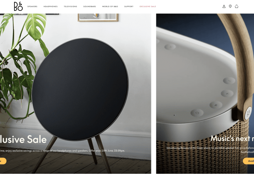 Bang Olufsen ecommerce header website design.