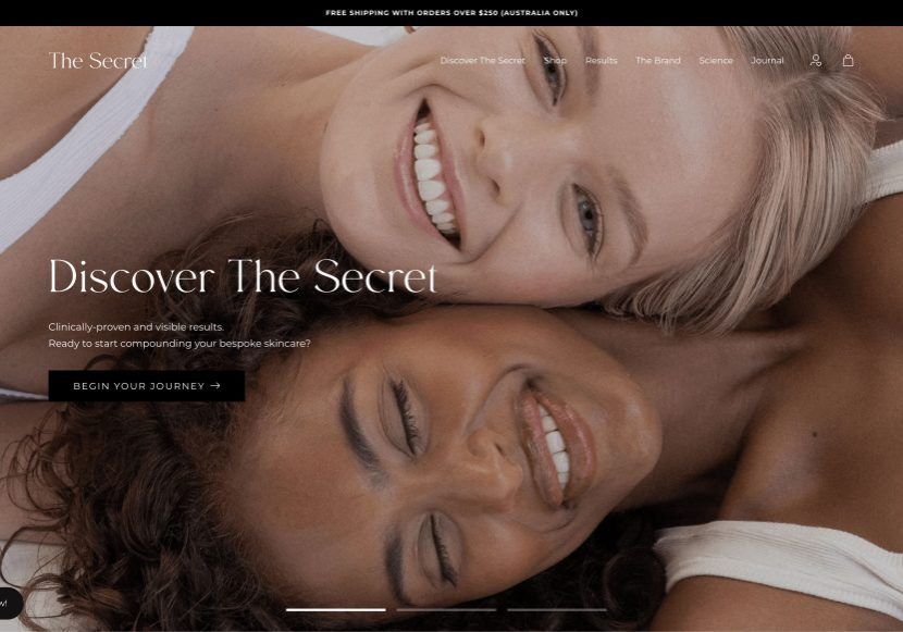 The Secret Skincare ecommerce header website design.